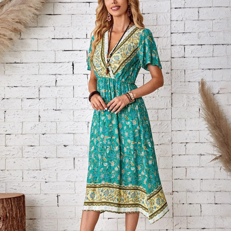 Summer Women Boho Floral Printed A Line Dress Chic V Neck Butterfly Short Sleeve Beach Dress Ladies Casual Sundress