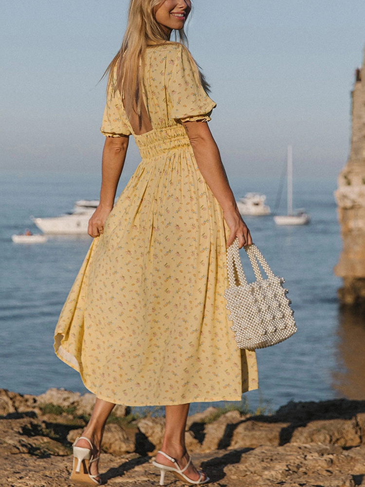 Women Elegant Floral Printed Midi Dress Chic V Neck Butterfly Short Sleeve Dress Ladies Fashion A Line Party Dress