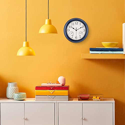 Wall Clocks for Living Room Decor, Small Wall Clocks Battery Operated, Modern Kitchen Wall Clock with Thermometer Combo, Silent Rustic Vintage Wall Clock for Bathroom/Bedroom/Office, 12 inch-Navy Blue