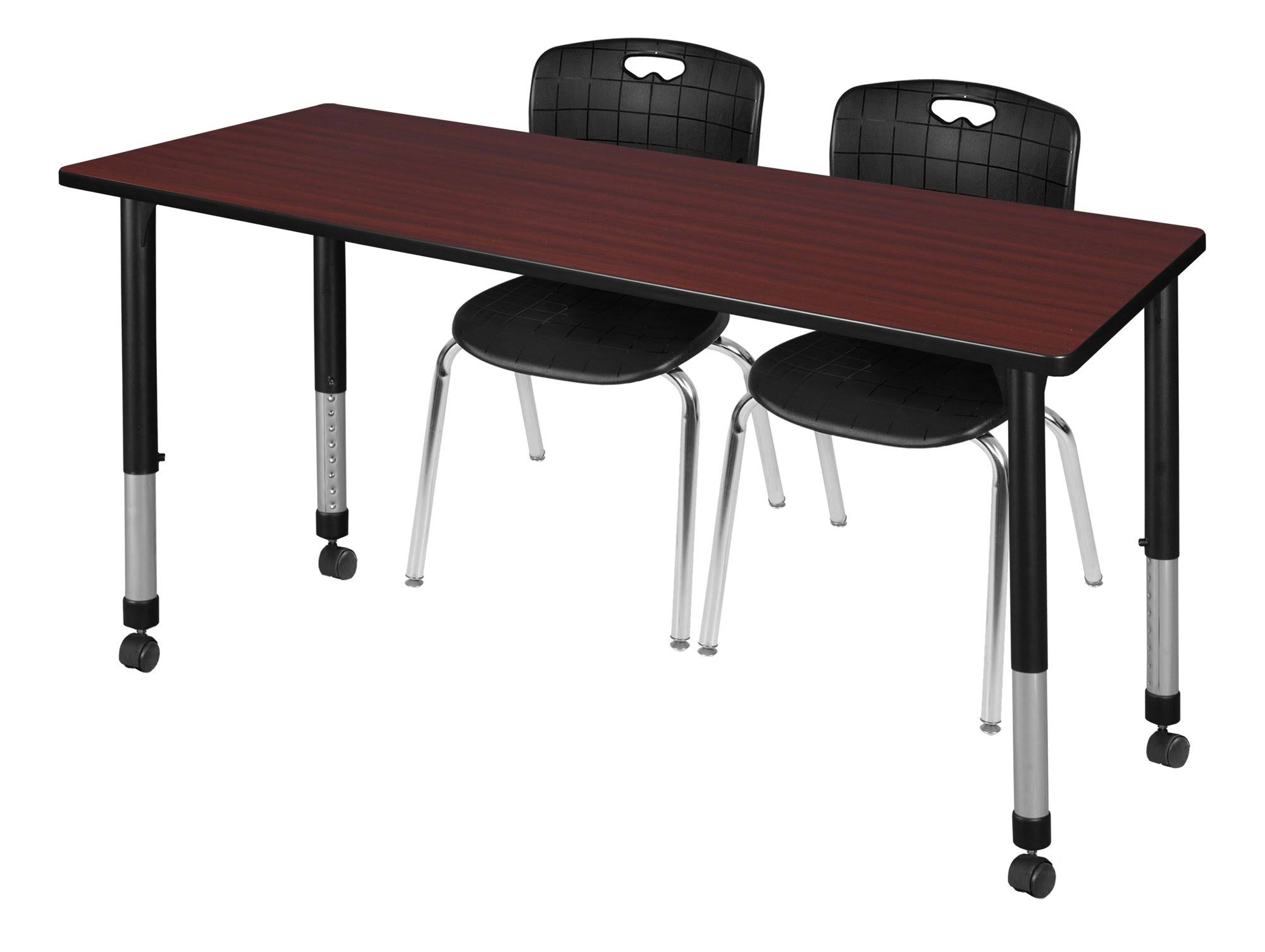 Regency Kee 66x22 x 30x22 Height Adjustable Mobile Classroom Table - Mahogany 2 Andy 18-in Stack Chairs- Black
