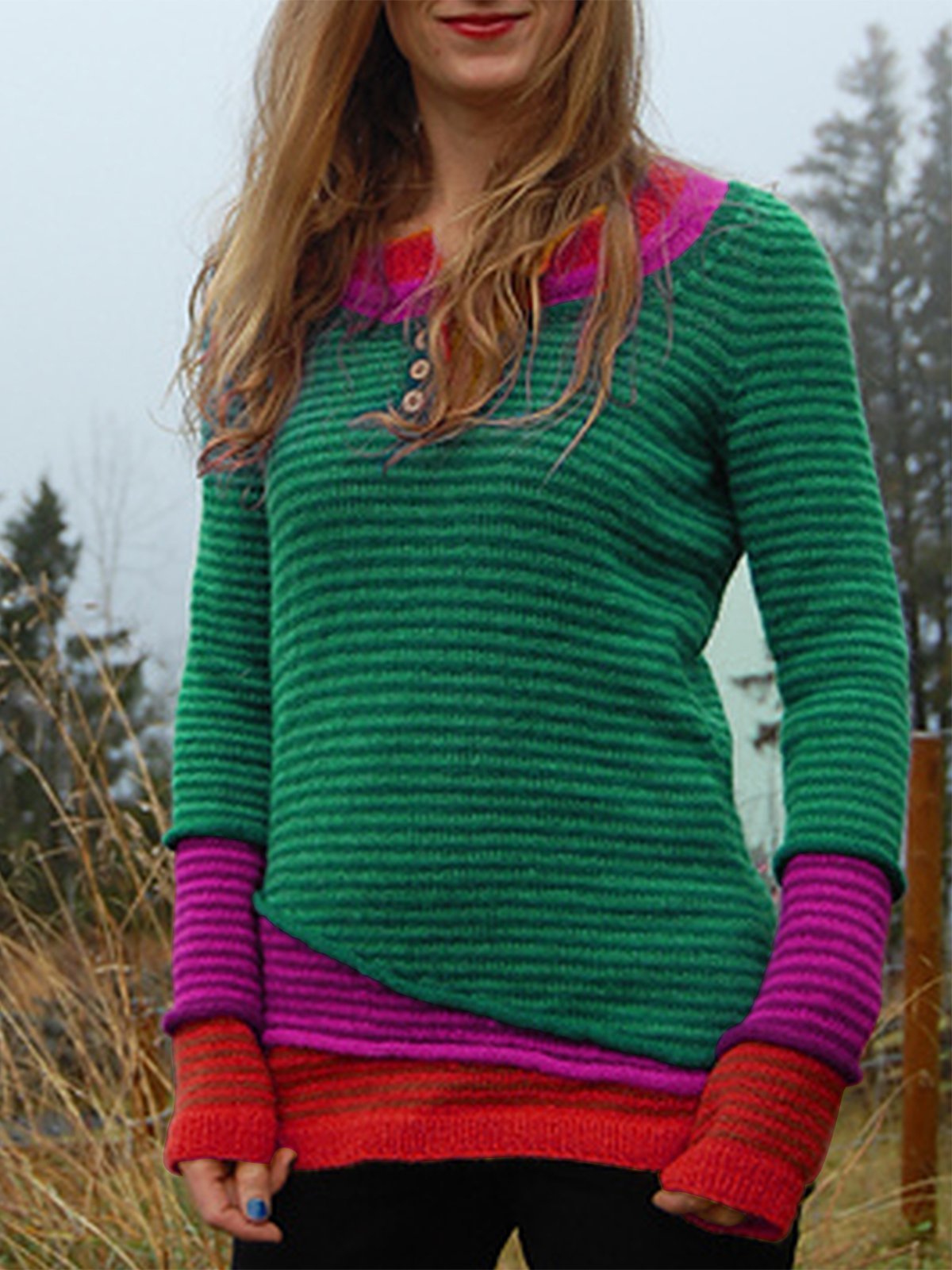 Striped Paneled Casual Crew Neck Women's Sweaters