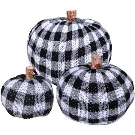 Gold Home 3 Pack Assorted Sizes Crochet Plaid Pumpkin Fall Thanksgiving Halloween Seasonal Holiday Farmhouse Tabletop Decoration