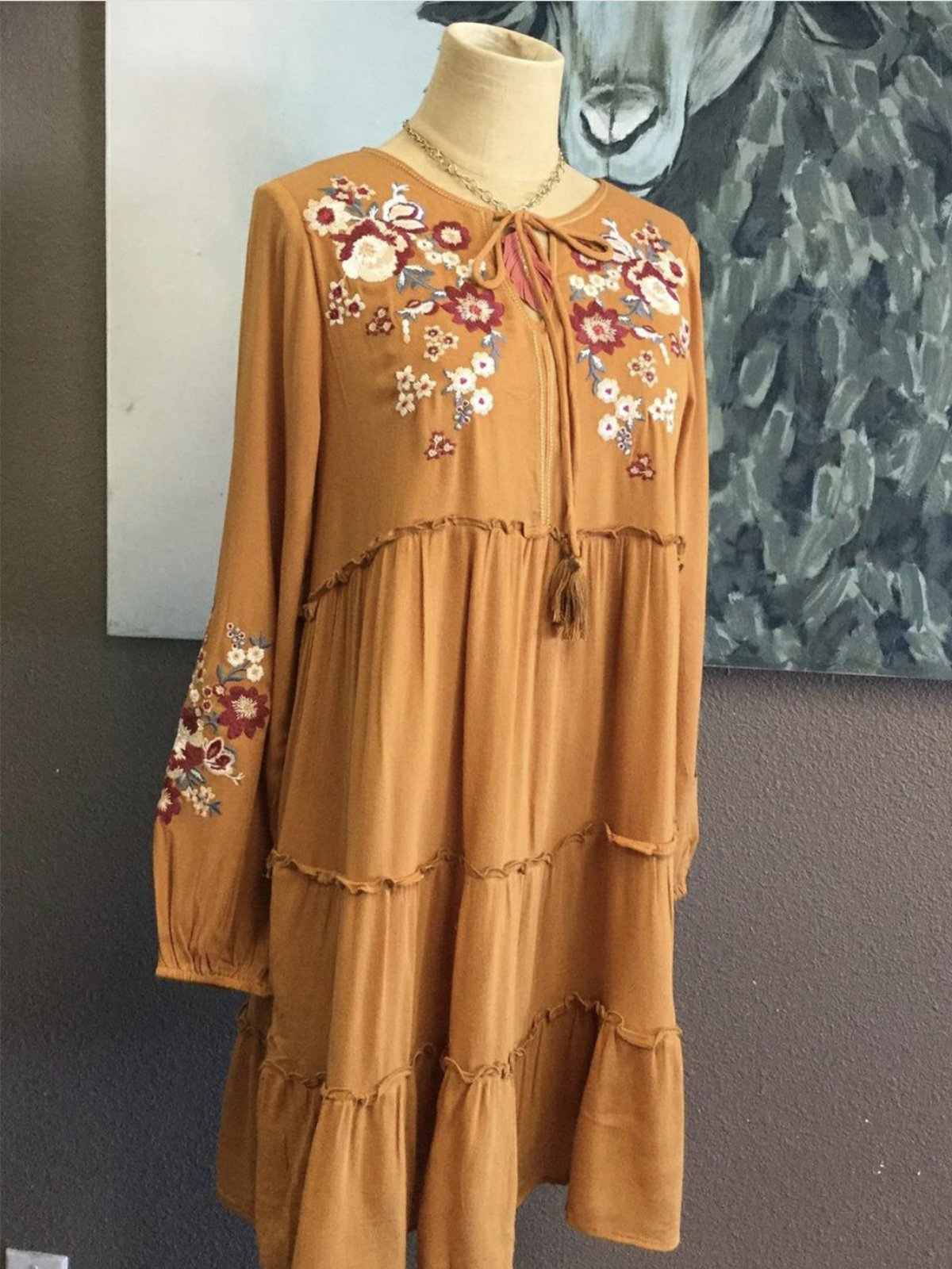 Boho Romantic Crew Neck Sweet Floral-Print Long Sleeve Dresses