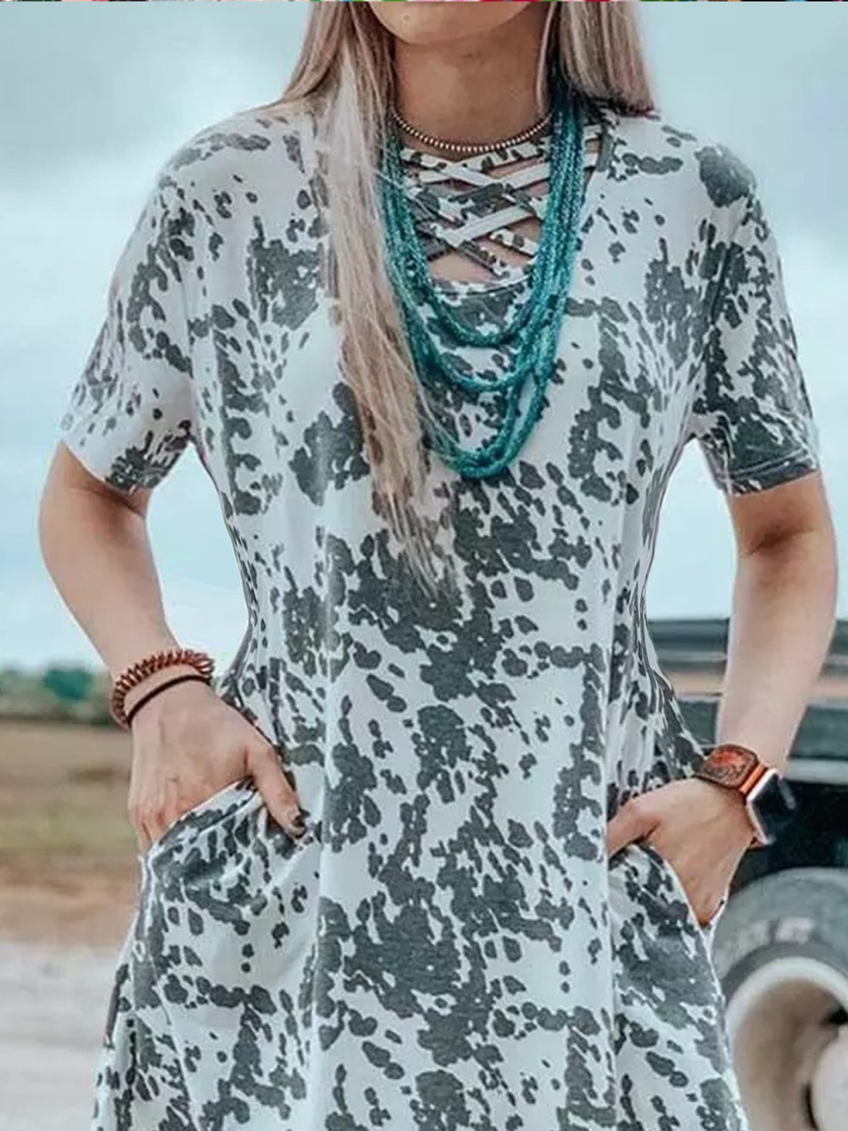 Casual Crew Neck Short Sleeve Animal Dresses