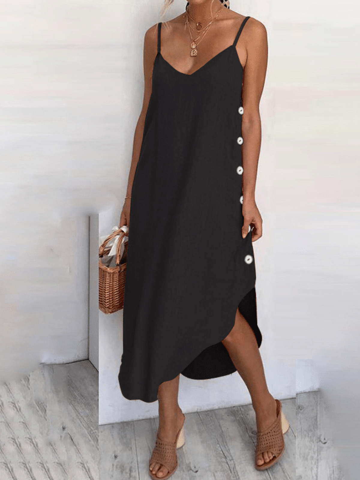 Spaghetti-Strap Cotton-Blend Solid Casual Dresses