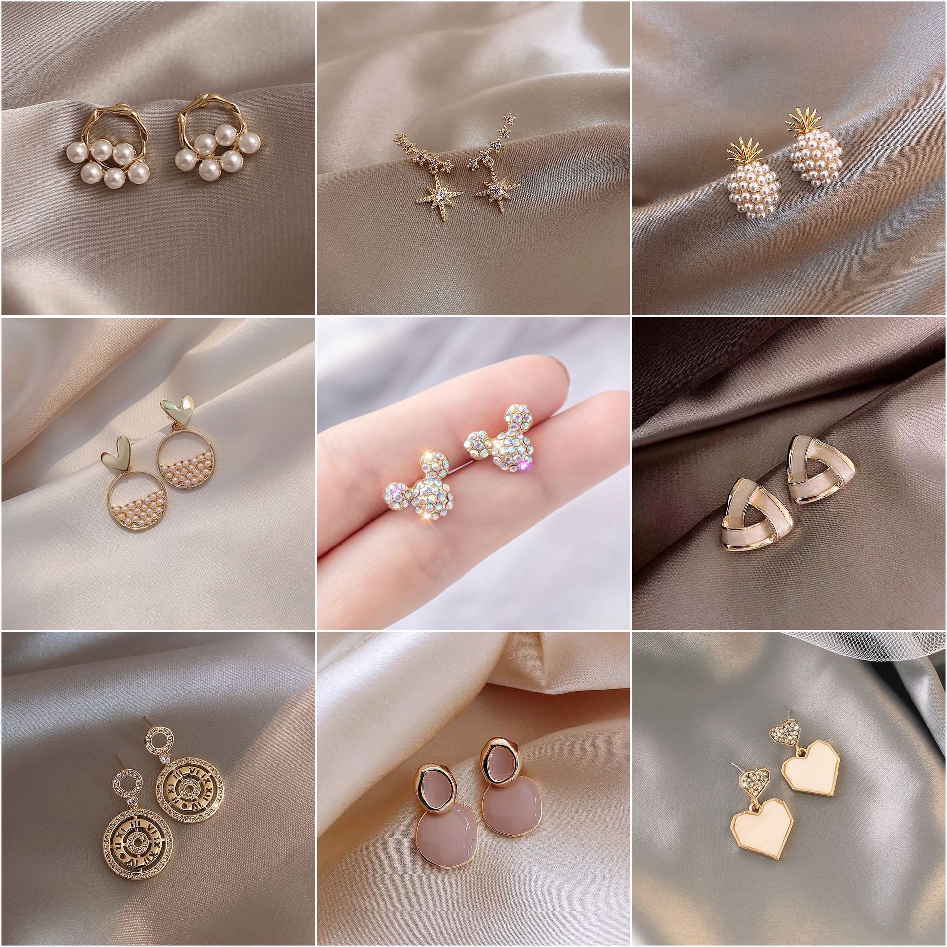 韩国S925银针小清新耳环百搭气质心形珍珠耳饰个性防过敏耳钉批发