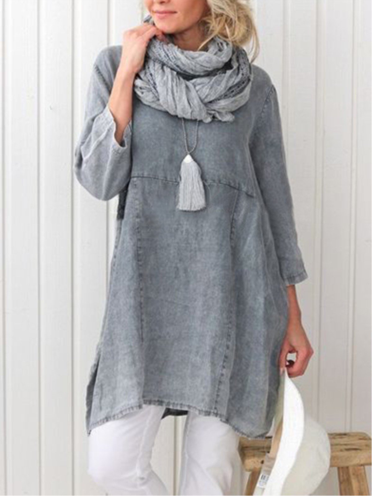 Plus Size Casual Plain Long Sleeve Linen Dress