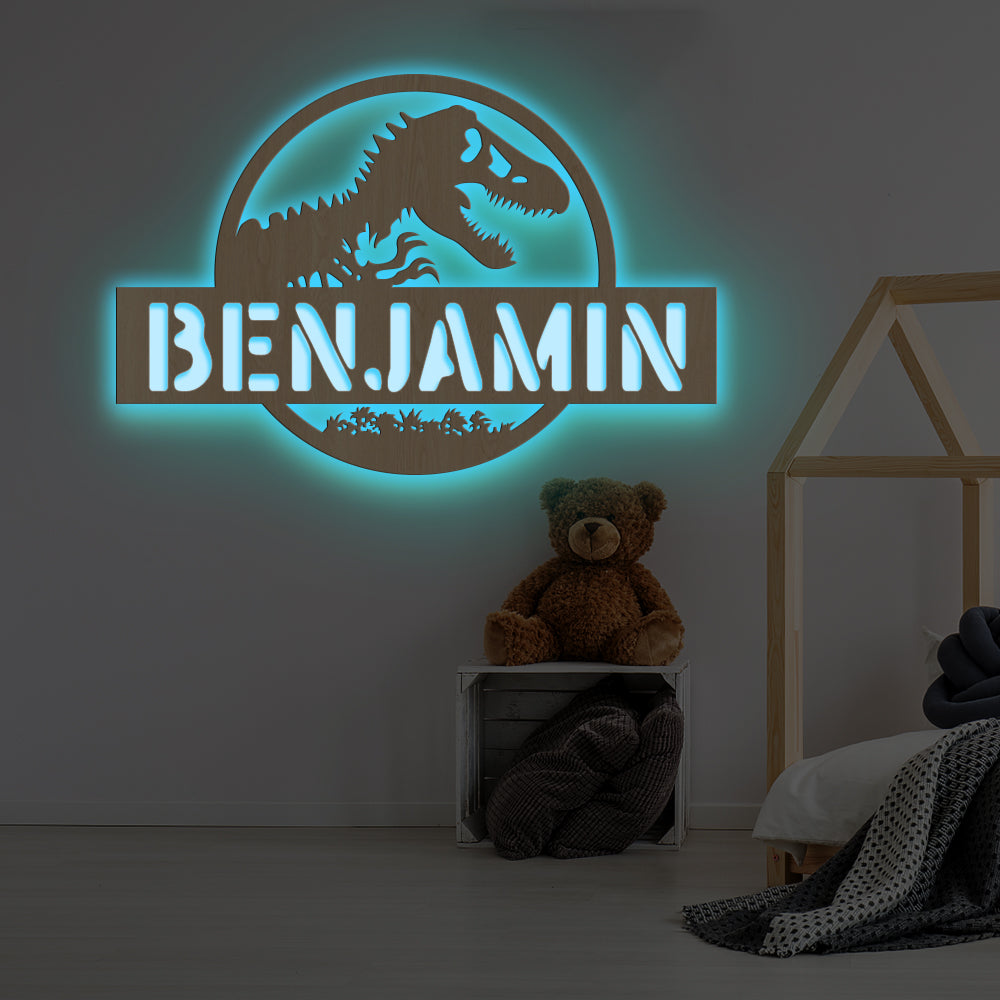Personalized 7-Color Dinosaur Wooden Wall Light-Custom Name Home Nursery Boy Kids Room Decor