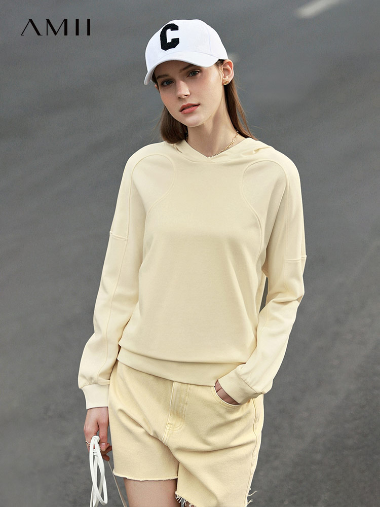 多了个划线价Amii Minimalism Sweatshirt Women Spring Hooded Clothes Solid Loose Hoodies 100% Cotton Casual Pullover Female Tops 12240199
