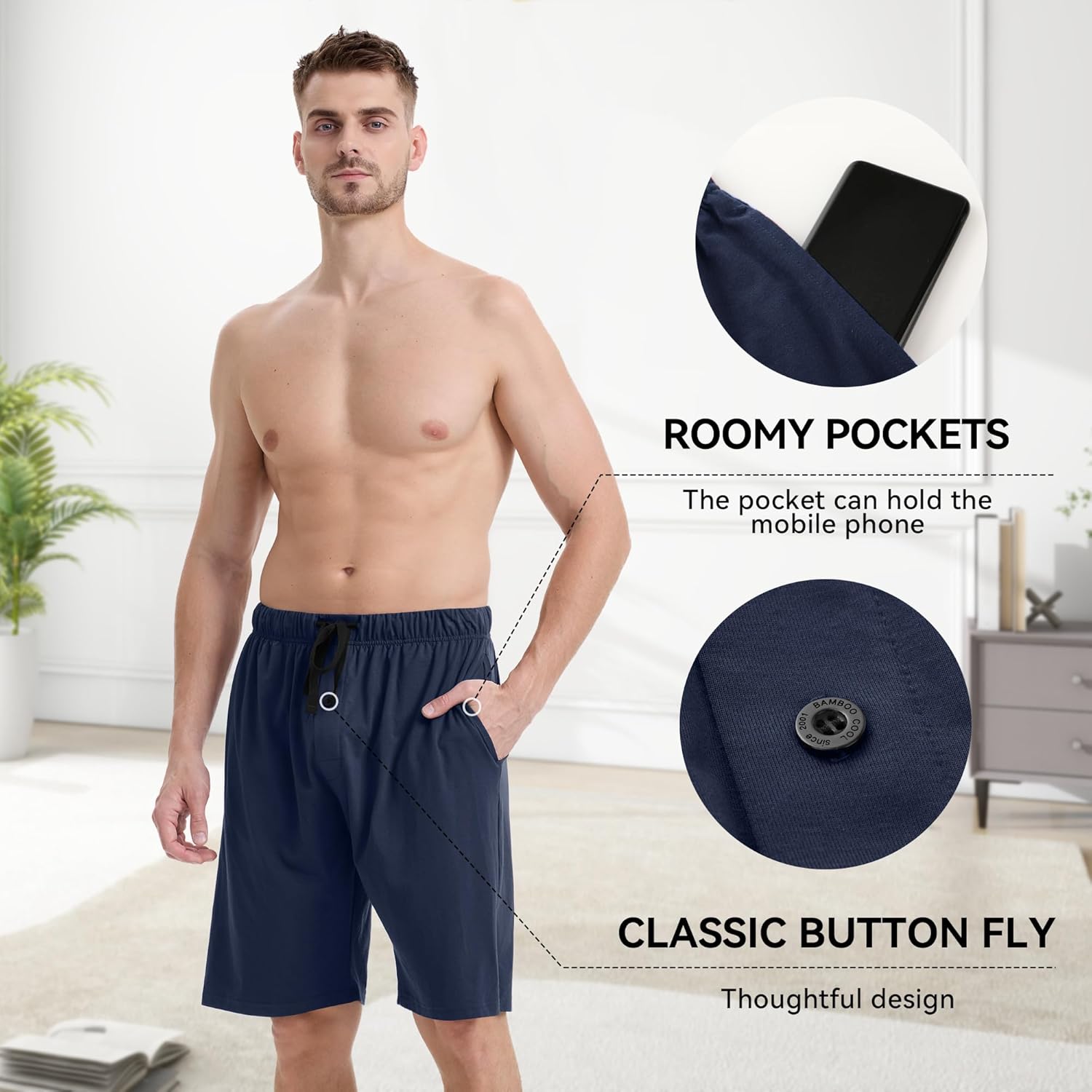 BAMBOO COOL Mens Pajama Pants Sleep Lounge Bottoms Soft Comfy Pj Pant Sleepwear with Pockets 2 Pack