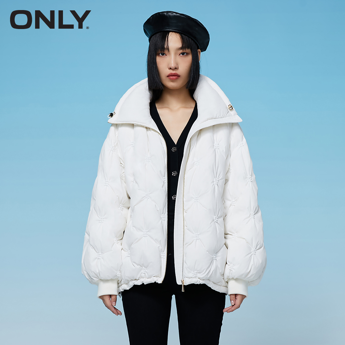 ONLY winter new ladies windproof high neck pleated short puff down jacket women | 121423008