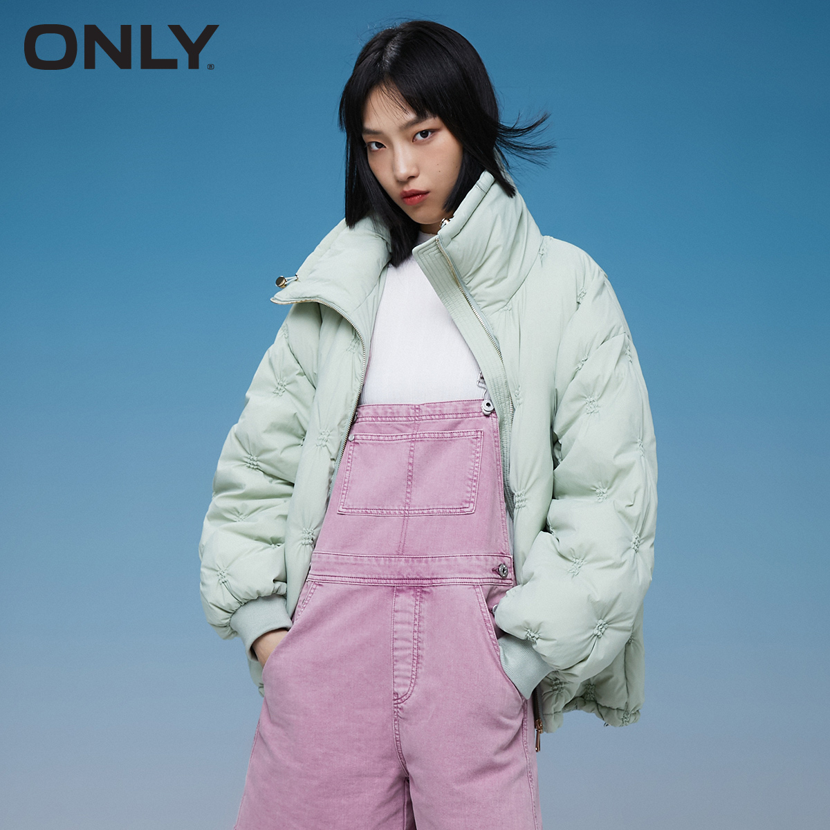 ONLY winter new ladies windproof high neck pleated short puff down jacket women | 121423008