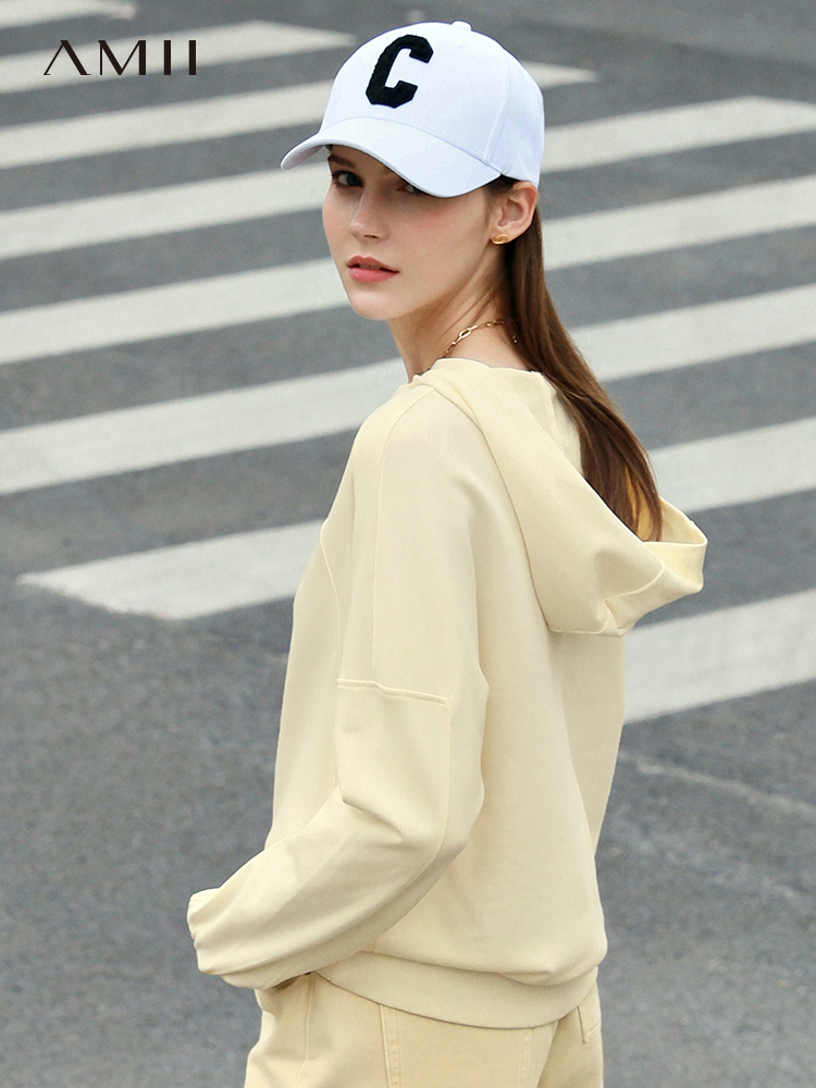 Amii Minimalism Sweatshirt Women Spring Hooded Clothes Solid Loose Hoodies 100% Cotton Casual Pullover Female Tops 12240199