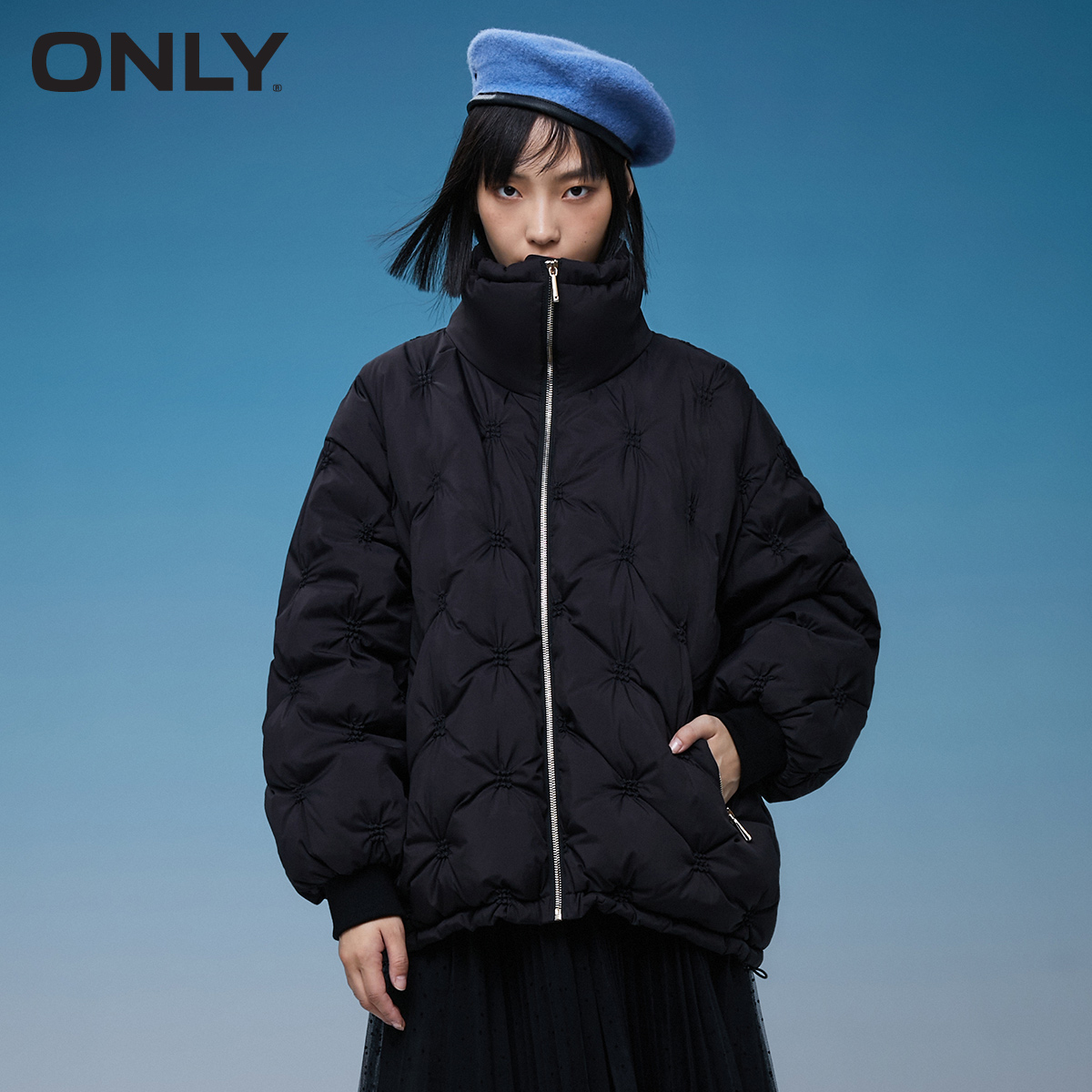 ONLY winter new ladies windproof high neck pleated short puff down jacket women | 121423008