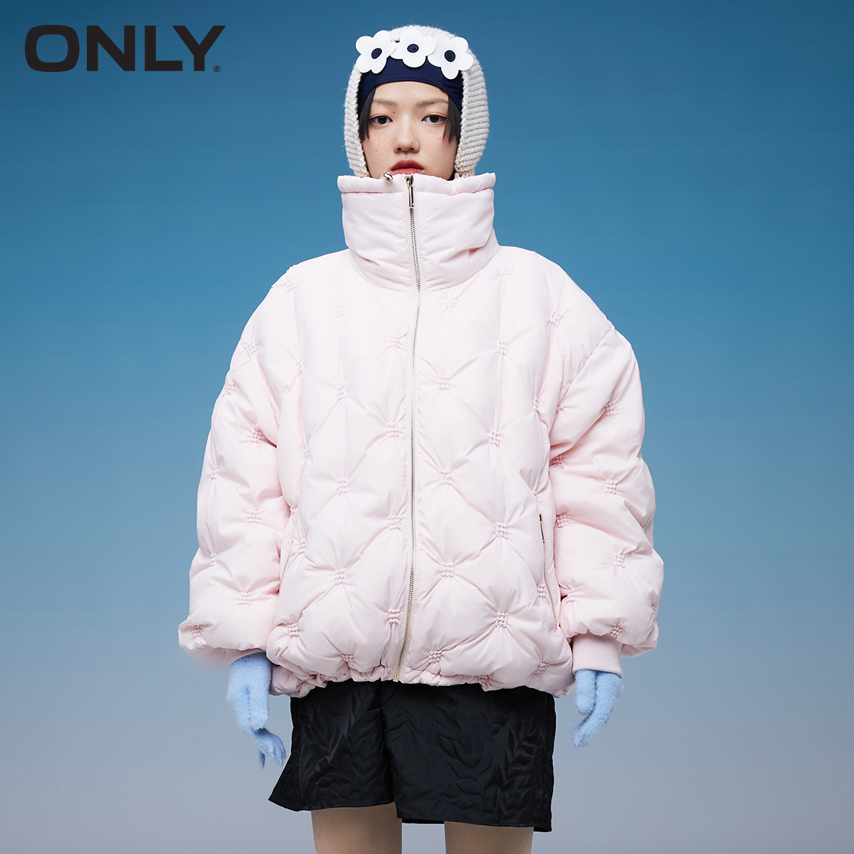 ONLY winter new ladies windproof high neck pleated short puff down jacket women | 121423008