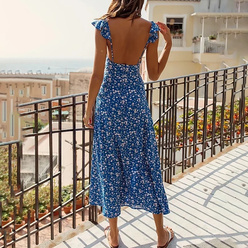 Women Casual Floral Printed Front Split Midi Dress Chic V Neck Ruffled A Line Dress Ladies Beach Party Dress Vestidos