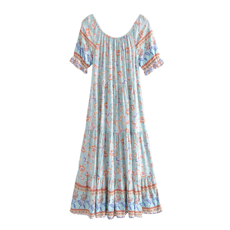 Summer Bohemian Floral Printed Midi Dress Women Butterfly Short Sleeve A Line Sundress Ladies Female Casual Loose Dress