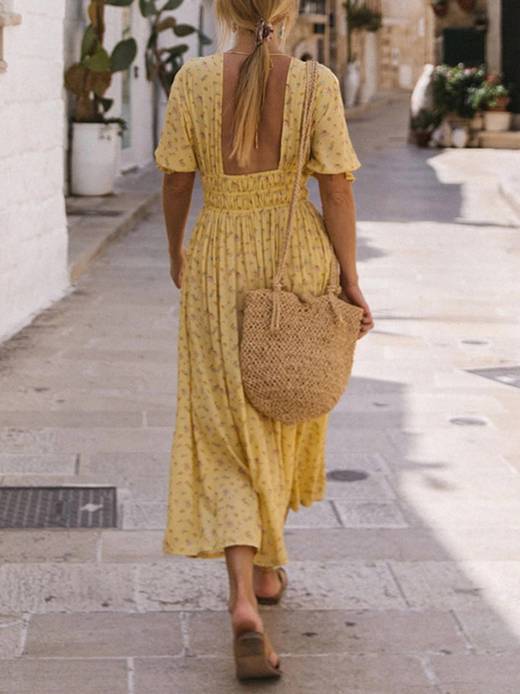 Women Elegant Floral Printed Midi Dress Chic V Neck Butterfly Short Sleeve Dress Ladies Fashion A Line Party Dress