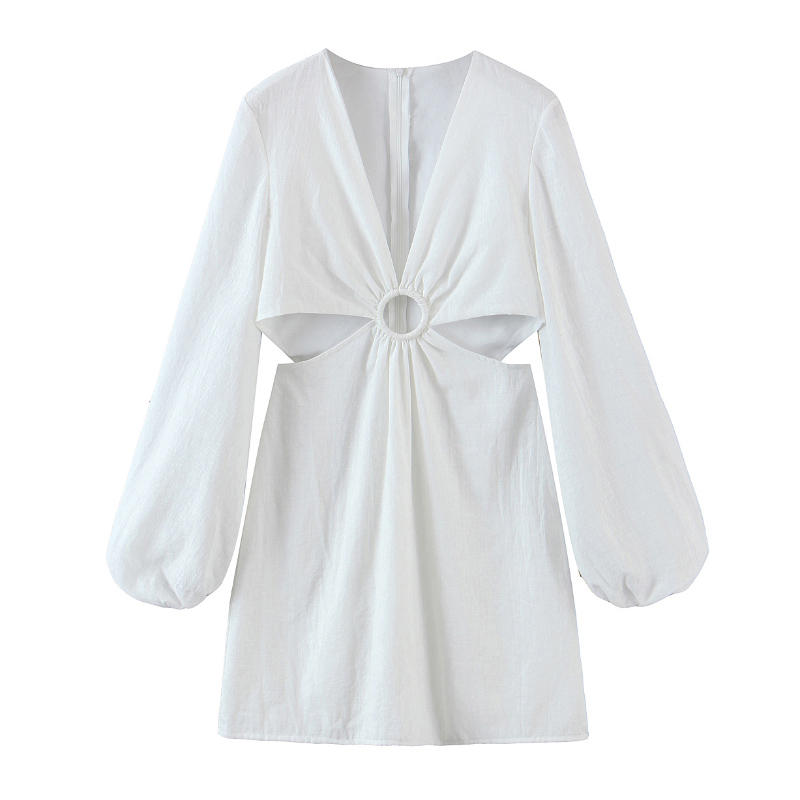 Women Elegant A Line Hollow Out Mini Dress Chic Puff Short Sleeve Sundress Female V Neck White Cotton Sweet Dresses