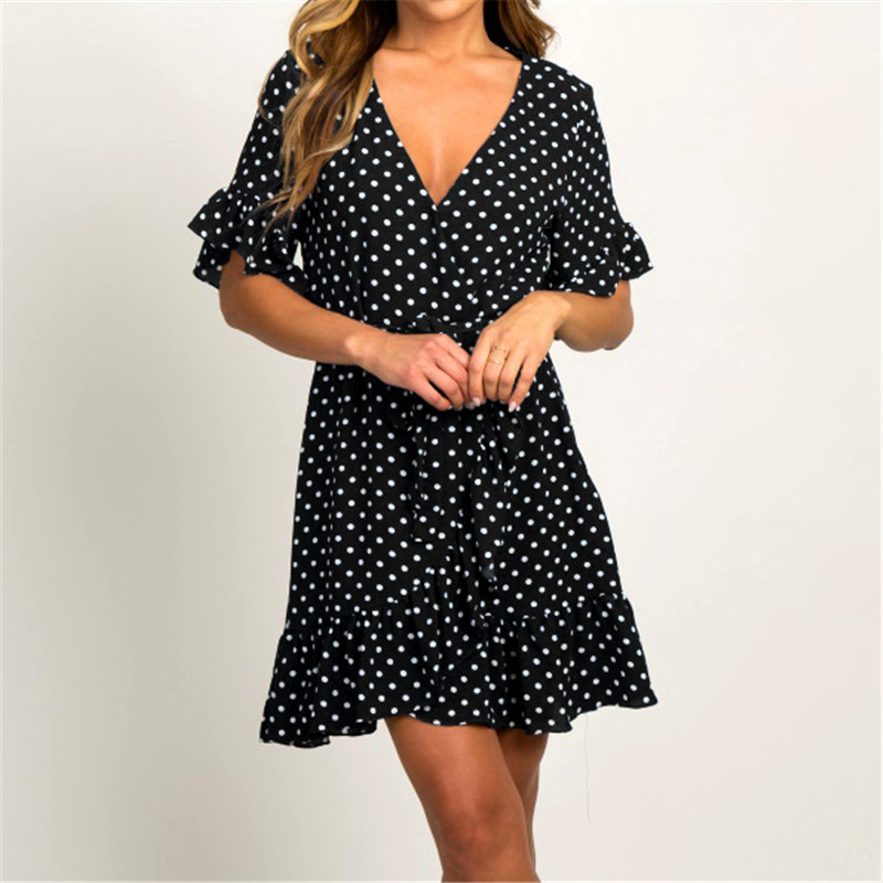 Summer Chiffon Dress 2022 Boho Style Beach Dress Fashion Short Sleeve V-neck Polka Dot A-line Party Dress Sundress Vestidos