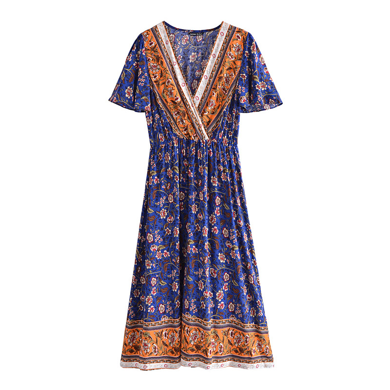 Summer Women Boho Floral Printed A Line Dress Chic V Neck Butterfly Short Sleeve Beach Dress Ladies Casual Sundress