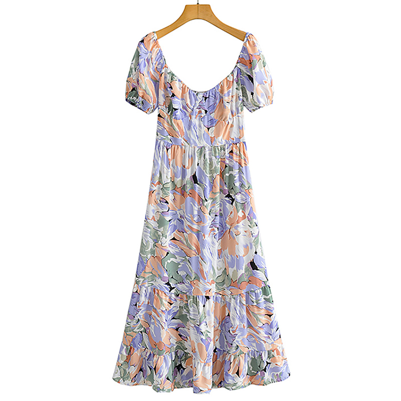 Women Fashion Floral Printed Midi Dresses Chic Slash Neck Short Sleeve A Line Dress Female Casual Party Dress Vestidos