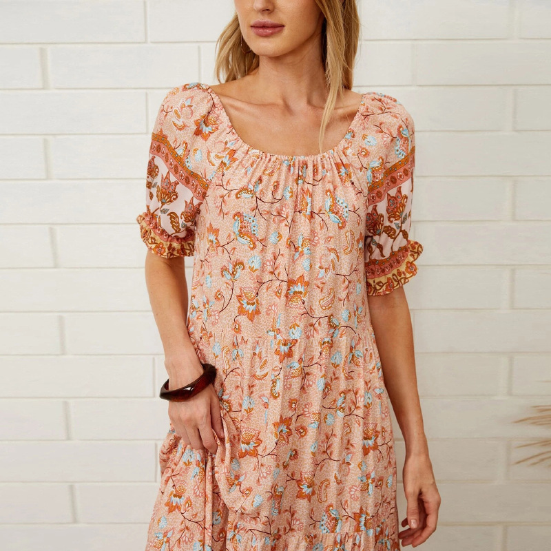 Summer Bohemian Floral Printed Midi Dress Women Butterfly Short Sleeve A Line Sundress Ladies Female Casual Loose Dress