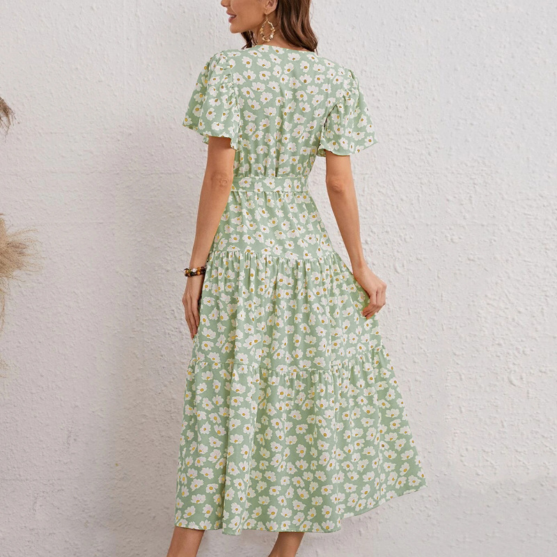 Summer Casual Floral Printed Long Maxi Dress Women Butterfly Short Sleeve Dress Female A Line Dresses With Sashes