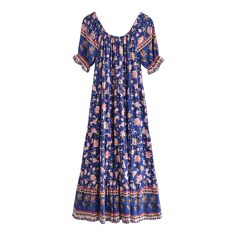 Summer Bohemian Floral Printed Midi Dress Women Butterfly Short Sleeve A Line Sundress Ladies Female Casual Loose Dress