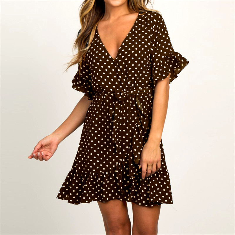 Summer Chiffon Dress 2022 Boho Style Beach Dress Fashion Short Sleeve V-neck Polka Dot A-line Party Dress Sundress Vestidos