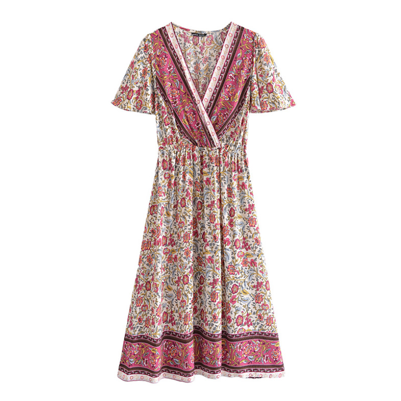 Summer Women Boho Floral Printed A Line Dress Chic V Neck Butterfly Short Sleeve Beach Dress Ladies Casual Sundress