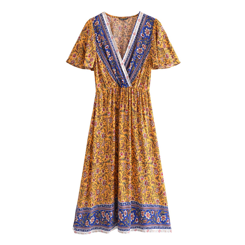 Summer Women Boho Floral Printed A Line Dress Chic V Neck Butterfly Short Sleeve Beach Dress Ladies Casual Sundress