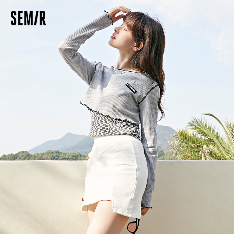 three Semir T-Shirt Women Short Long-Sleeved Pullover Checkerboard Sweet And Cool 2022 Spring New Slim Two-Piece Design Sense