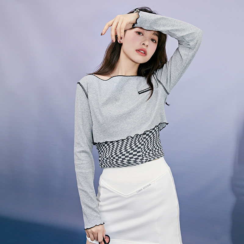 three Semir T-Shirt Women Short Long-Sleeved Pullover Checkerboard Sweet And Cool 2022 Spring New Slim Two-Piece Design Sense