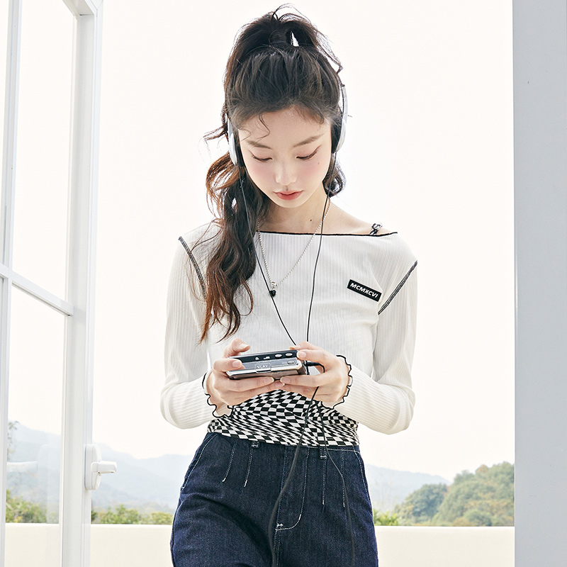 three Semir T-Shirt Women Short Long-Sleeved Pullover Checkerboard Sweet And Cool 2022 Spring New Slim Two-Piece Design Sense