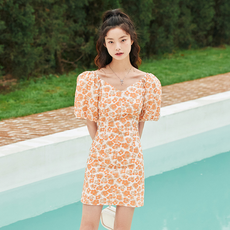 two dan SEMIR Dress Women Puff Sleeves V-Neck Short Dress Romantic 2022 Summer New Yellow Texture Floral Dresses French Style