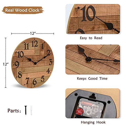 NIKKY HOME Rustic Farmhouse Solid Wood Wall Clock - 12 Inch Battery Operated Silent Non Ticking Distressed Wooden Shiplap Clock for Kitchen, Living Room, Bedroom, Office
