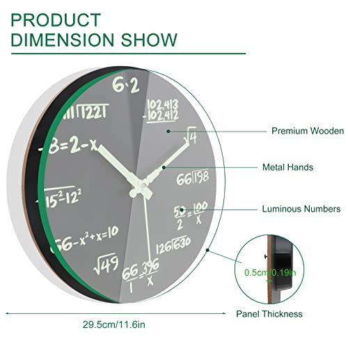 Mulaibdin Math Clock Luminous Wall Clock, Modern Silent Non Ticking Round Night Light Clock, Mathematical Equations Wall Clocks, Indoor Decor for Living Room Kitchen School Classroom Office, (Black)