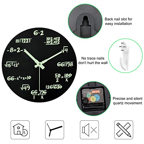 Mulaibdin Math Clock Luminous Wall Clock, Modern Silent Non Ticking Round Night Light Clock, Mathematical Equations Wall Clocks, Indoor Decor for Living Room Kitchen School Classroom Office, (Black)