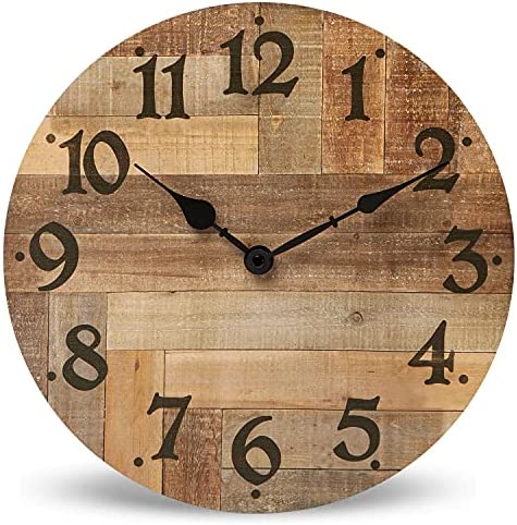 NIKKY HOME Rustic Farmhouse Solid Wood Wall Clock - 12 Inch Battery Operated Silent Non Ticking Distressed Wooden Shiplap Clock for Kitchen, Living Room, Bedroom, Office