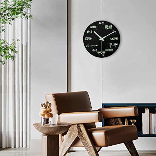 Mulaibdin Math Clock Luminous Wall Clock, Modern Silent Non Ticking Round Night Light Clock, Mathematical Equations Wall Clocks, Indoor Decor for Living Room Kitchen School Classroom Office, (Black)