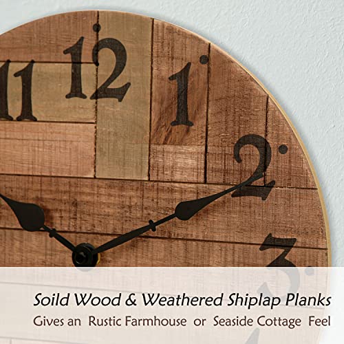 NIKKY HOME Rustic Farmhouse Solid Wood Wall Clock - 12 Inch Battery Operated Silent Non Ticking Distressed Wooden Shiplap Clock for Kitchen, Living Room, Bedroom, Office