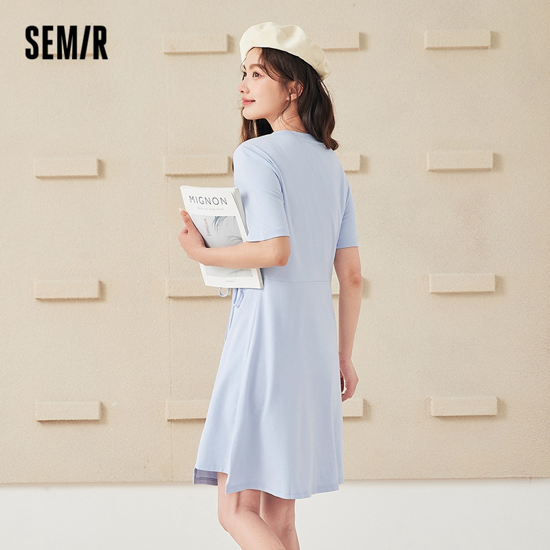 目目 four SEMIR Dress Women Careful Machine Design Sense Self-Cultivation 2022 Summer New Drawstring Sweet Embroidery Knitted Dresses