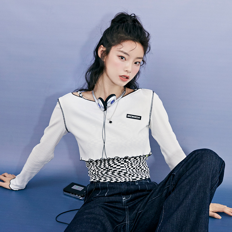 目目 three Semir T-Shirt Women Short Long-Sleeved Pullover Checkerboard Sweet And Cool 2022 Spring New Slim Two-Piece Design Sense