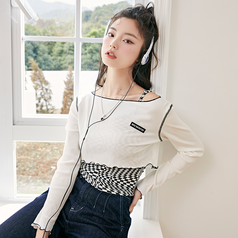 目目 three Semir T-Shirt Women Short Long-Sleeved Pullover Checkerboard Sweet And Cool 2022 Spring New Slim Two-Piece Design Sense