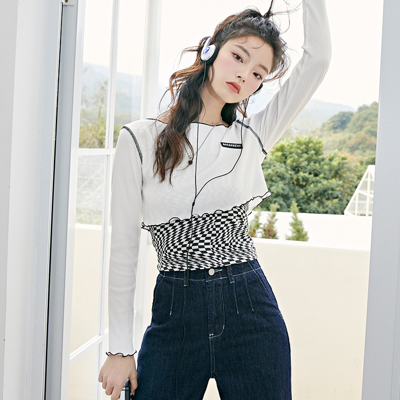 目目 three Semir T-Shirt Women Short Long-Sleeved Pullover Checkerboard Sweet And Cool 2022 Spring New Slim Two-Piece Design Sense