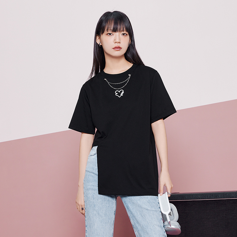 目目 five SEMIR Short-Sleeved T-Shirt Women Love Irregular Show Legs Long Sweet And Cool 2022 Summer New Loose Embroidery Top Niche