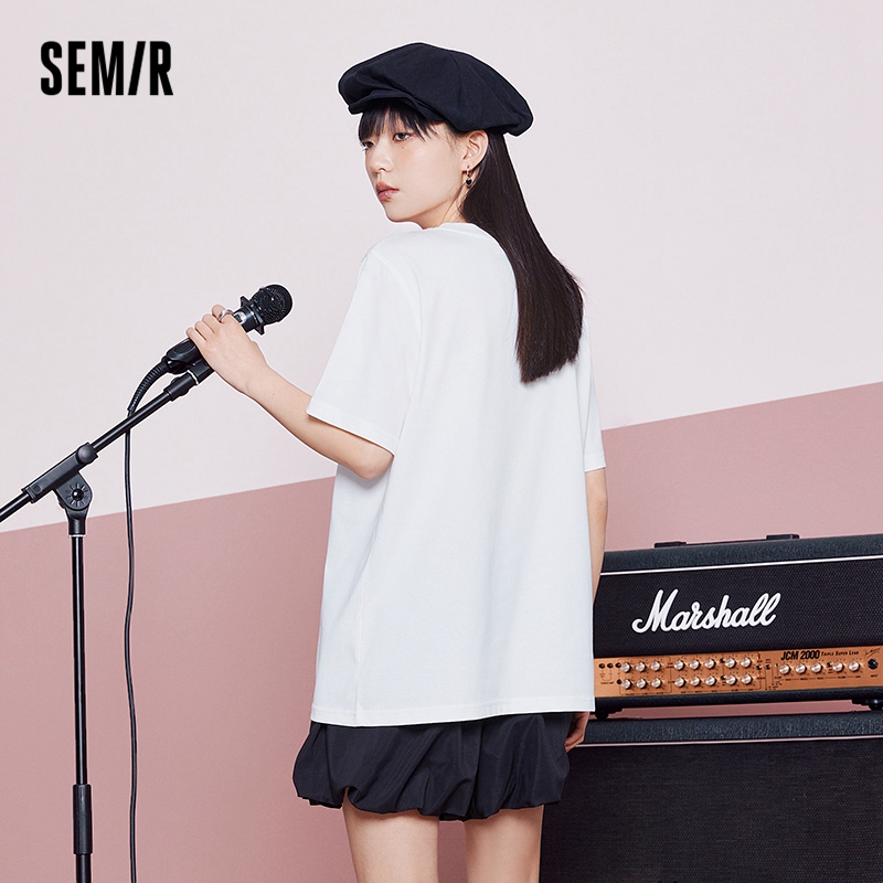 目目 five SEMIR Short-Sleeved T-Shirt Women Love Irregular Show Legs Long Sweet And Cool 2022 Summer New Loose Embroidery Top Niche