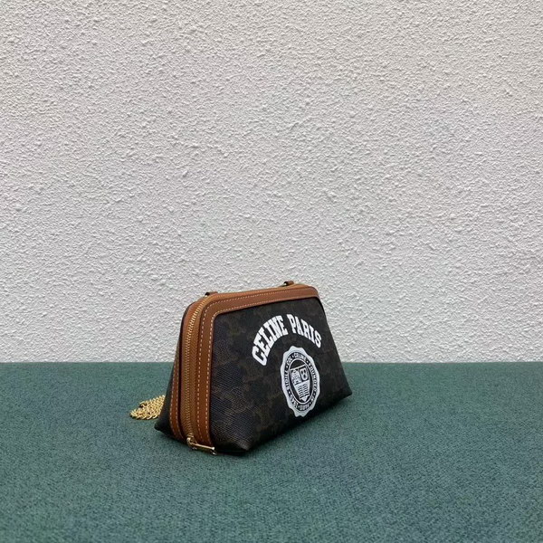 【原版皮】赛琳/Celine 老花系链条包，TRIOMPHE帆布混搭羊皮，整个包以凯旋门标志为主，包边以棕色为主围绕开口，焦糖棕色搭配老花添加了复古元素，款号：100382