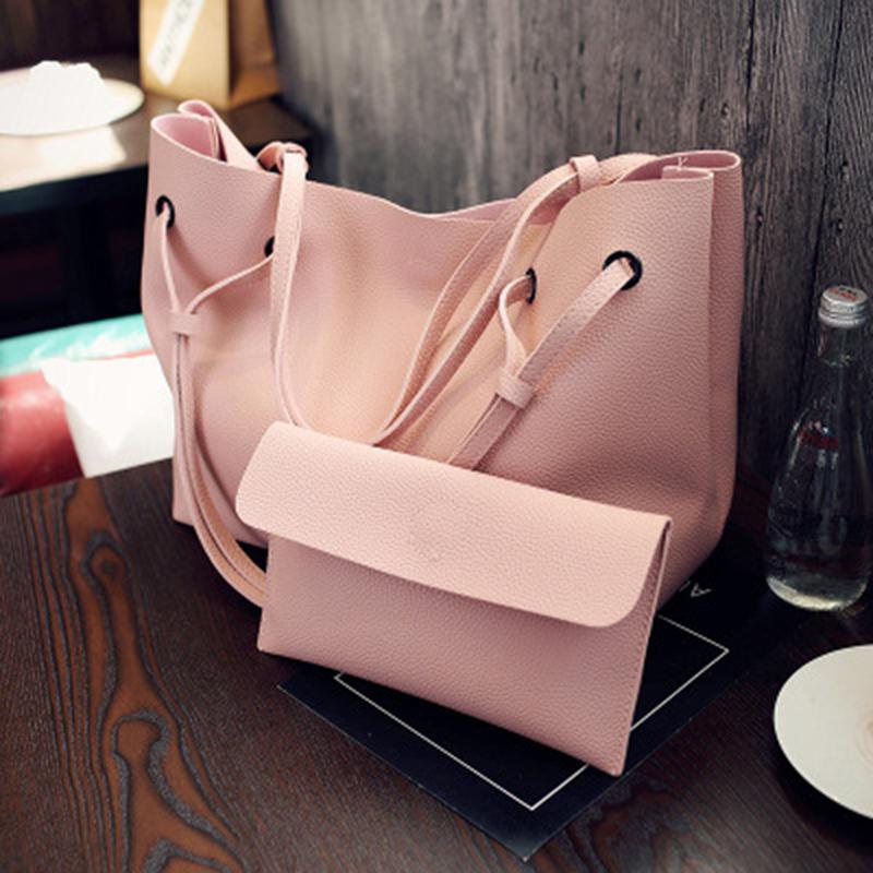 Women 2PCS High Capacity  PU Shoulder Bag with Mini Clutch Purse